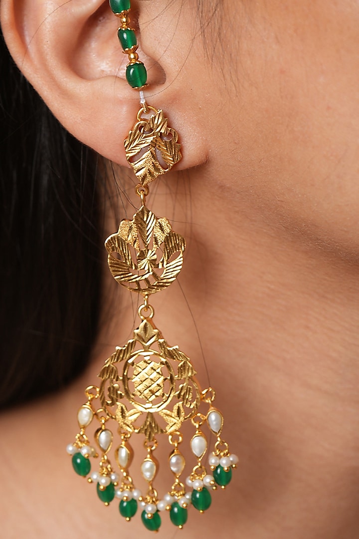 Gold Finish Pathra Work & Emerald Quartz Kaan Chain Dangler Earrings In Sterling Silver by Gulaal Jewels at Pernia's Pop Up Shop