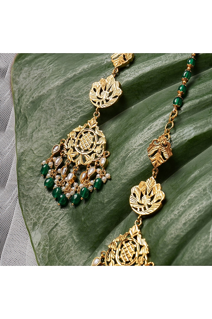 Gold Finish Pathra Work & Emerald Quartz Kaan Chain Dangler Earrings In Sterling Silver by Gulaal Jewels at Pernia's Pop Up Shop