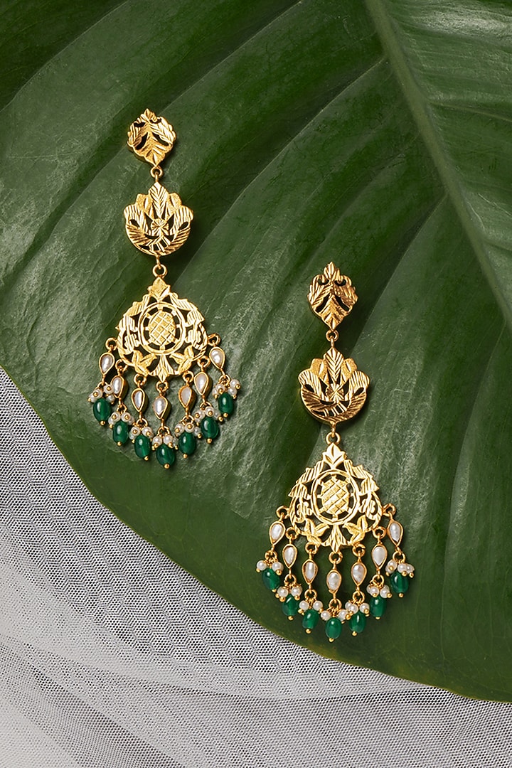 Gold Finish Pathra Work & Emerald Quartz Kaan Chain Dangler Earrings In Sterling Silver by Gulaal Jewels at Pernia's Pop Up Shop