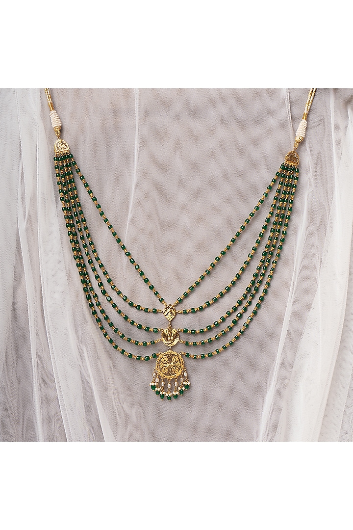 Gold Finish Pathra Work & Green Quartz Stone Layered Necklace In Sterling Silver by Gulaal Jewels