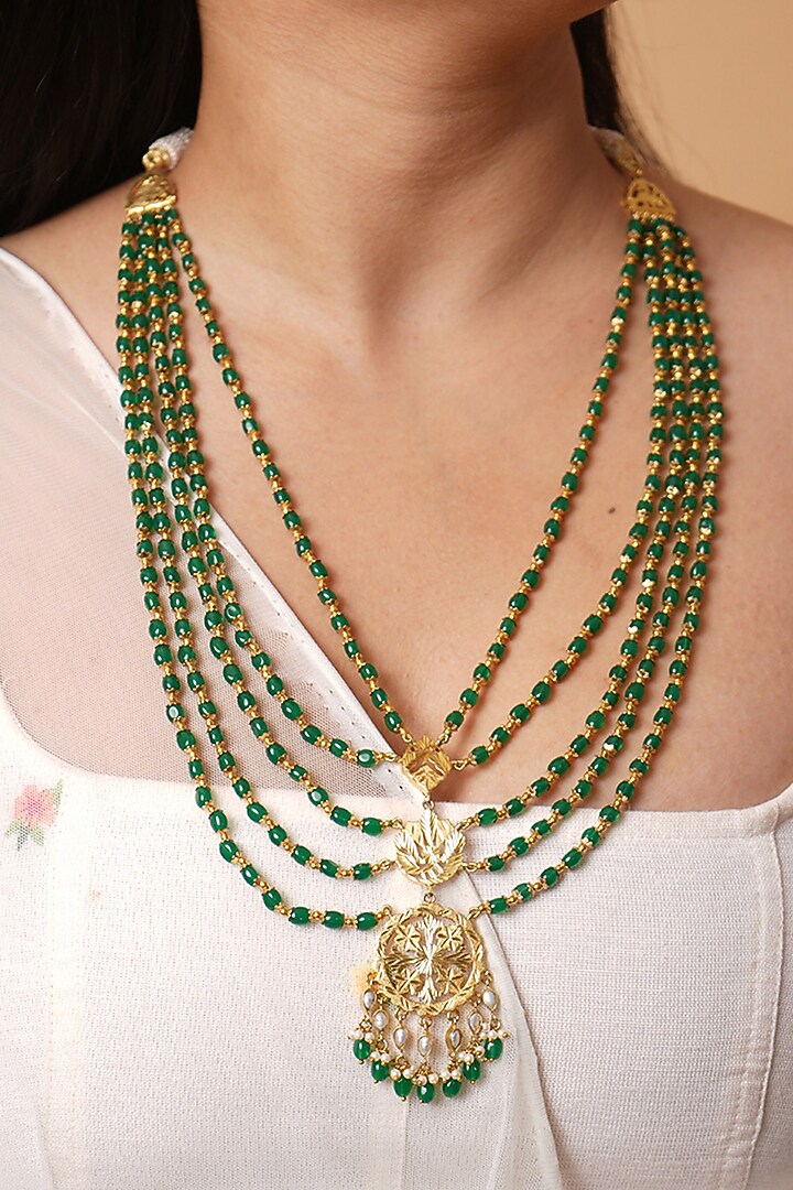 Gold Finish Pathra Work & Green Quartz Stone Layered Necklace In Sterling Silver by Gulaal Jewels at Pernia's Pop Up Shop
