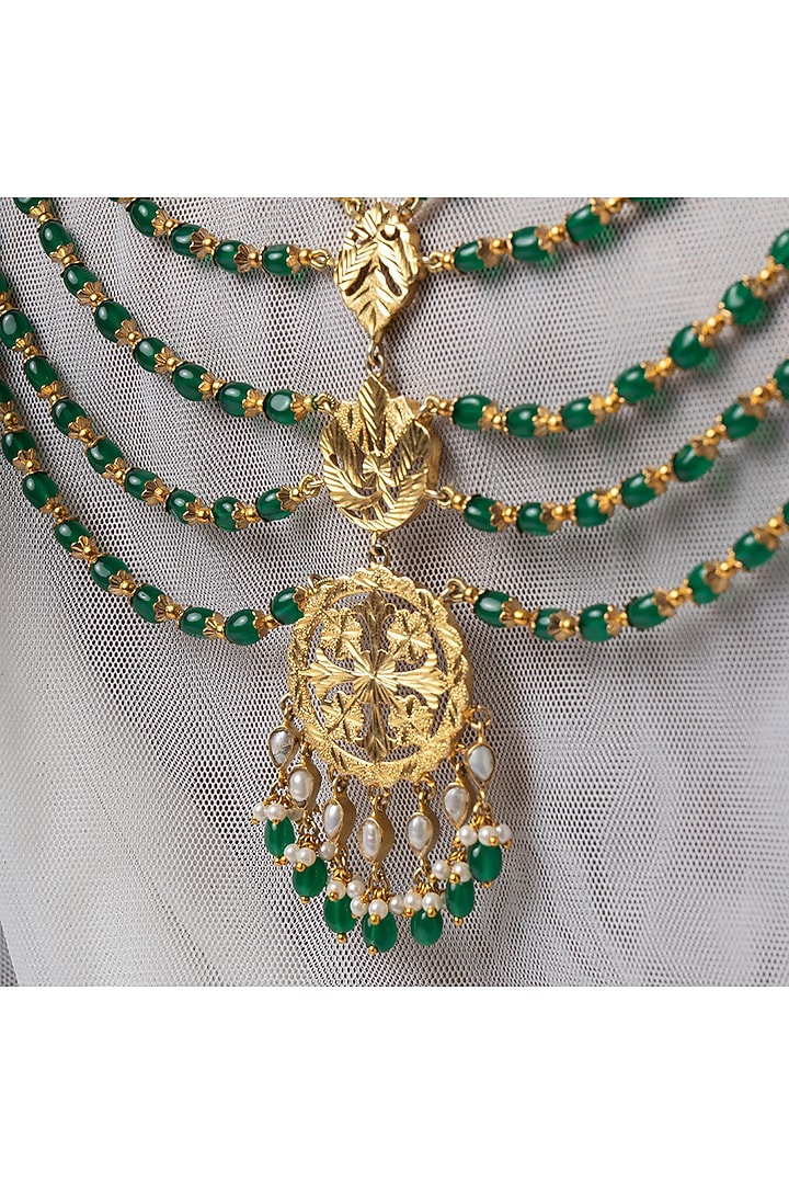 Gold Finish Pathra Work & Green Quartz Stone Layered Necklace In Sterling Silver by Gulaal Jewels at Pernia's Pop Up Shop