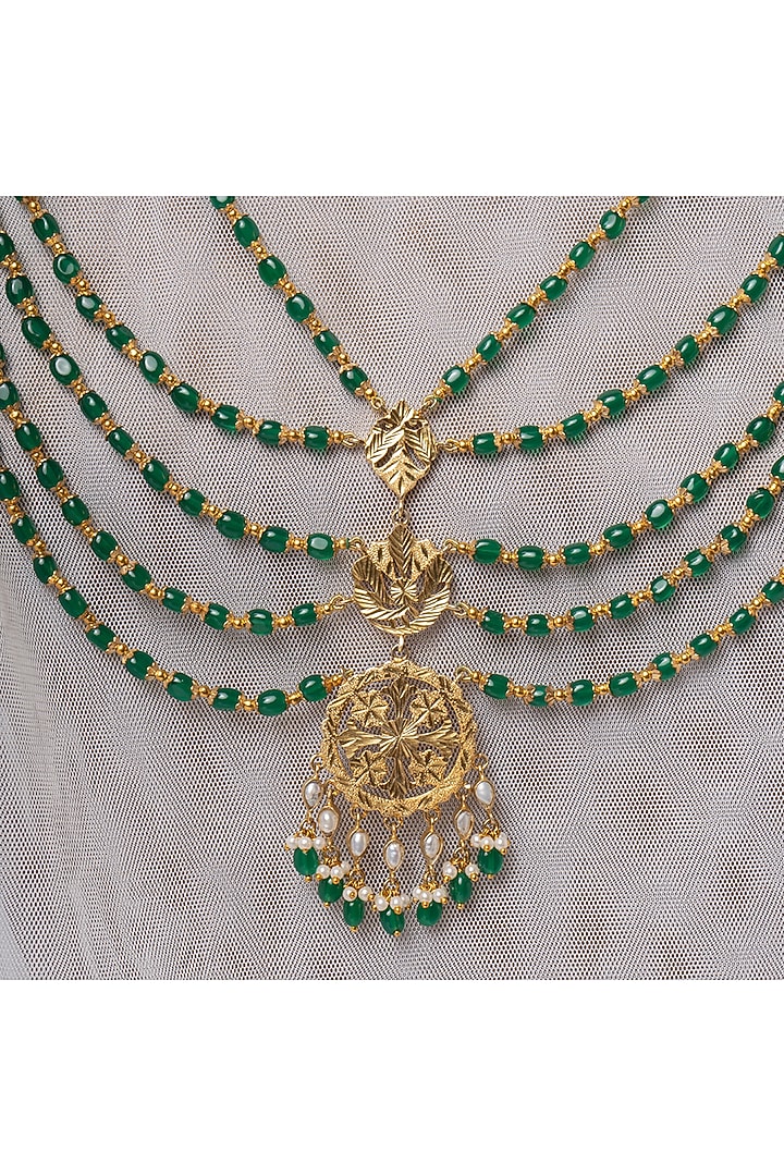 Gold Finish Pathra Work & Green Quartz Stone Layered Necklace In Sterling Silver by Gulaal Jewels at Pernia's Pop Up Shop
