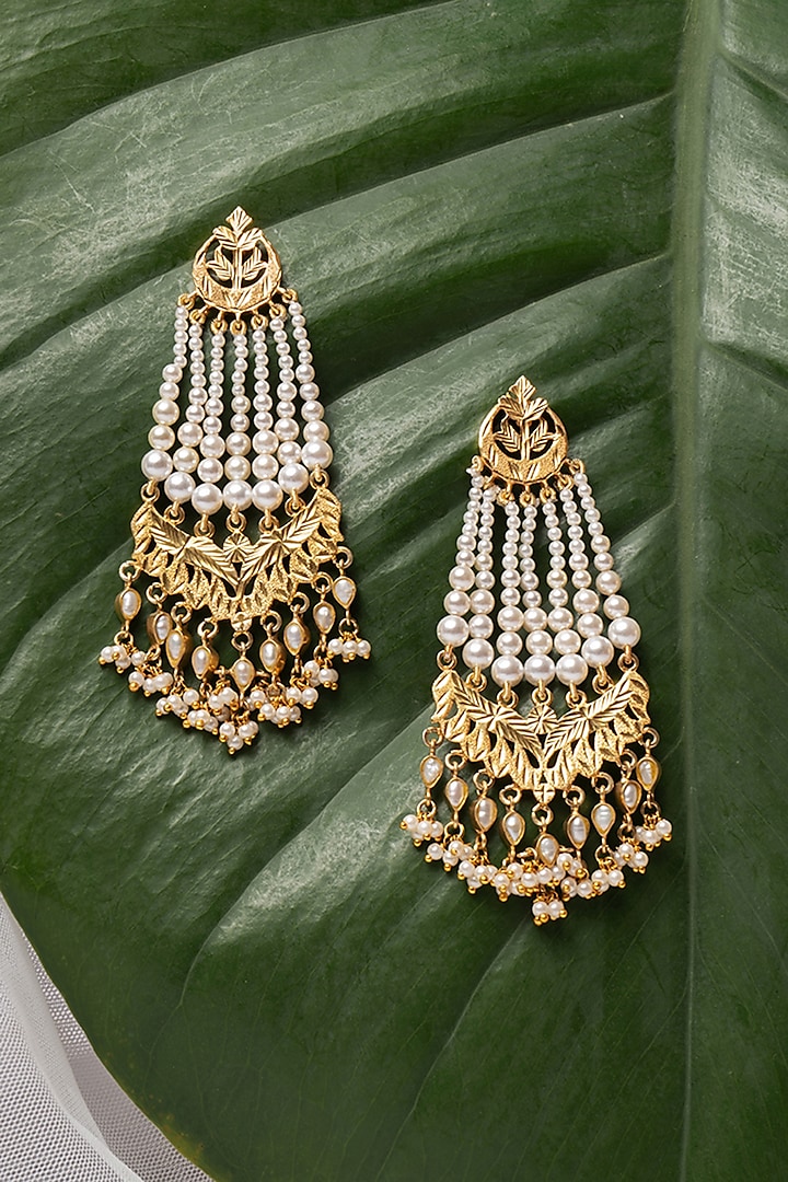 Gold Finish Swarovski Pearls Dangler Earrings In Sterling Silver by Gulaal Jewels