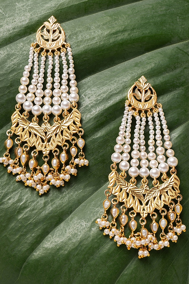 Gold Finish Swarovski Pearls Dangler Earrings In Sterling Silver by Gulaal Jewels at Pernia's Pop Up Shop