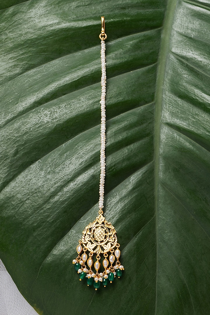 Gold Finish Freshwater Pearls & Pathra Work Maangtikka In Sterling Silver by Gulaal Jewels