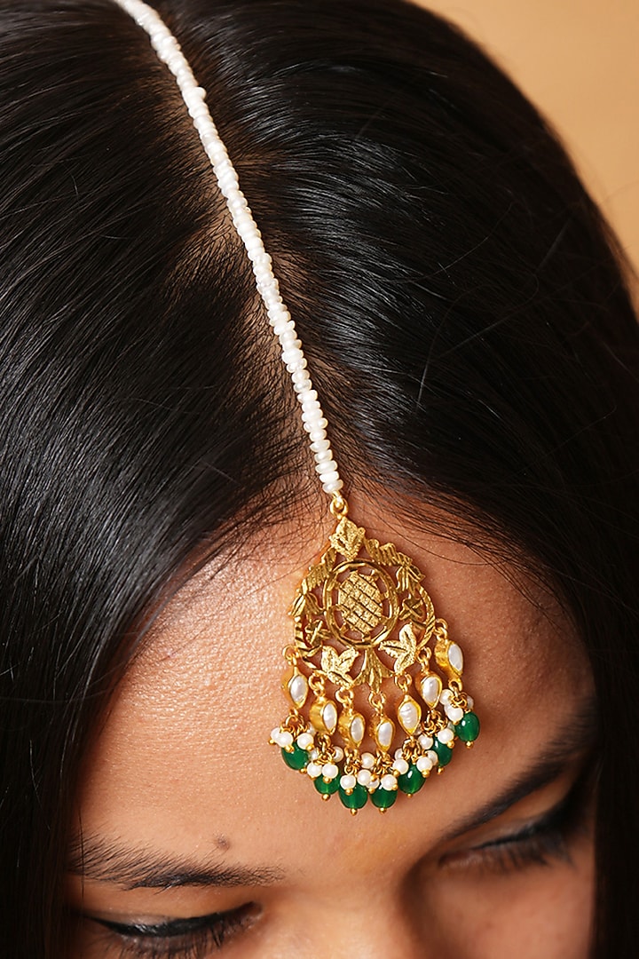 Gold Finish Freshwater Pearls & Pathra Work Maangtikka In Sterling Silver by Gulaal Jewels at Pernia's Pop Up Shop