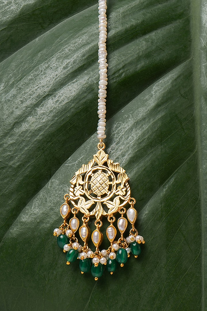 Gold Finish Freshwater Pearls & Pathra Work Maangtikka In Sterling Silver by Gulaal Jewels at Pernia's Pop Up Shop