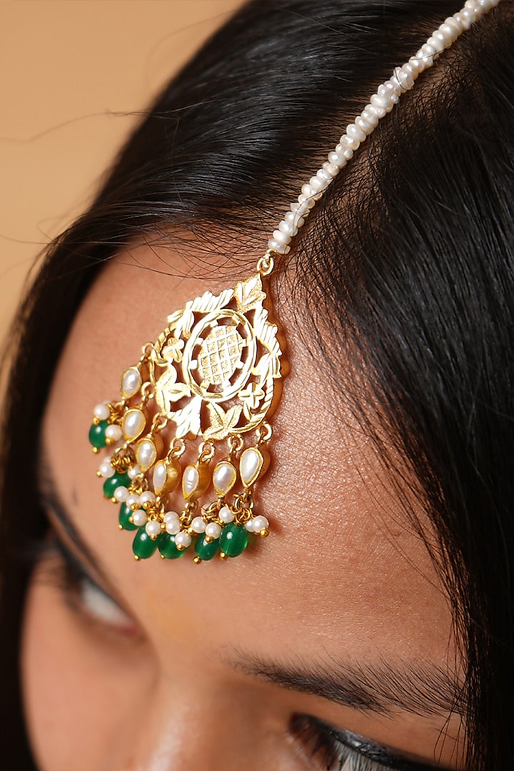 Gold Finish Freshwater Pearls & Pathra Work Maangtikka In Sterling Silver by Gulaal Jewels at Pernia's Pop Up Shop