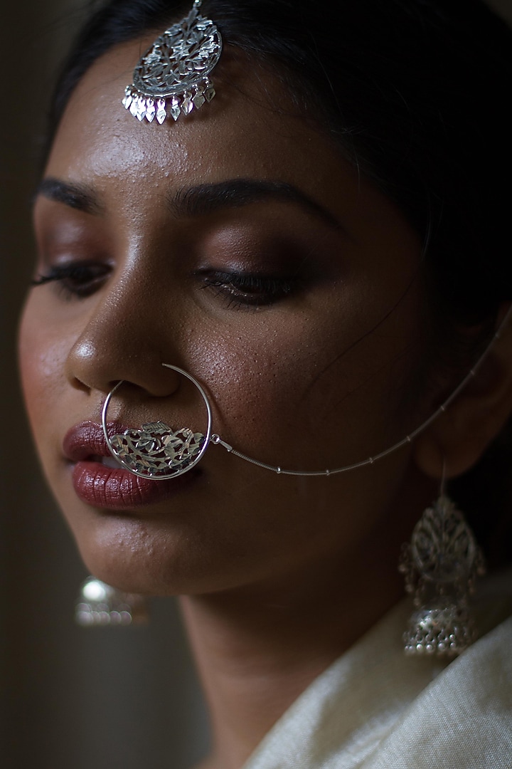 White Finish Cutwork Nose Ring In Sterling Silver by Gulaal Jewels at Pernia's Pop Up Shop