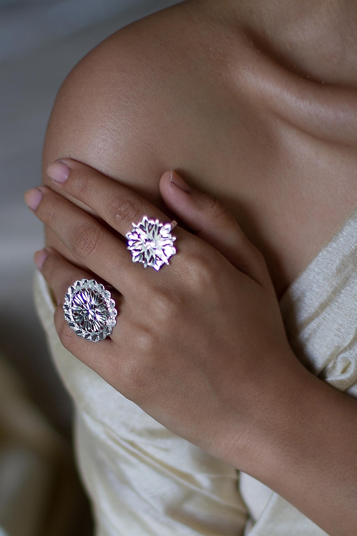 White Finish Cutwork Ring In Sterling Silver by Gulaal Jewels