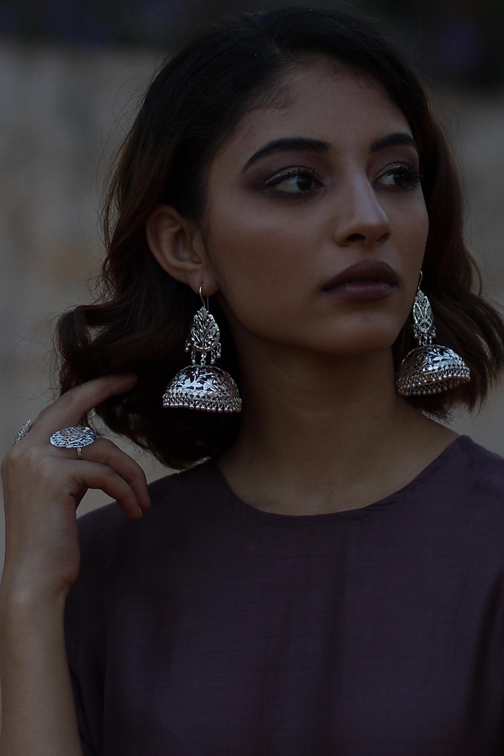 White Finish Jhumka Earrings In Sterling Silver by Gulaal Jewels