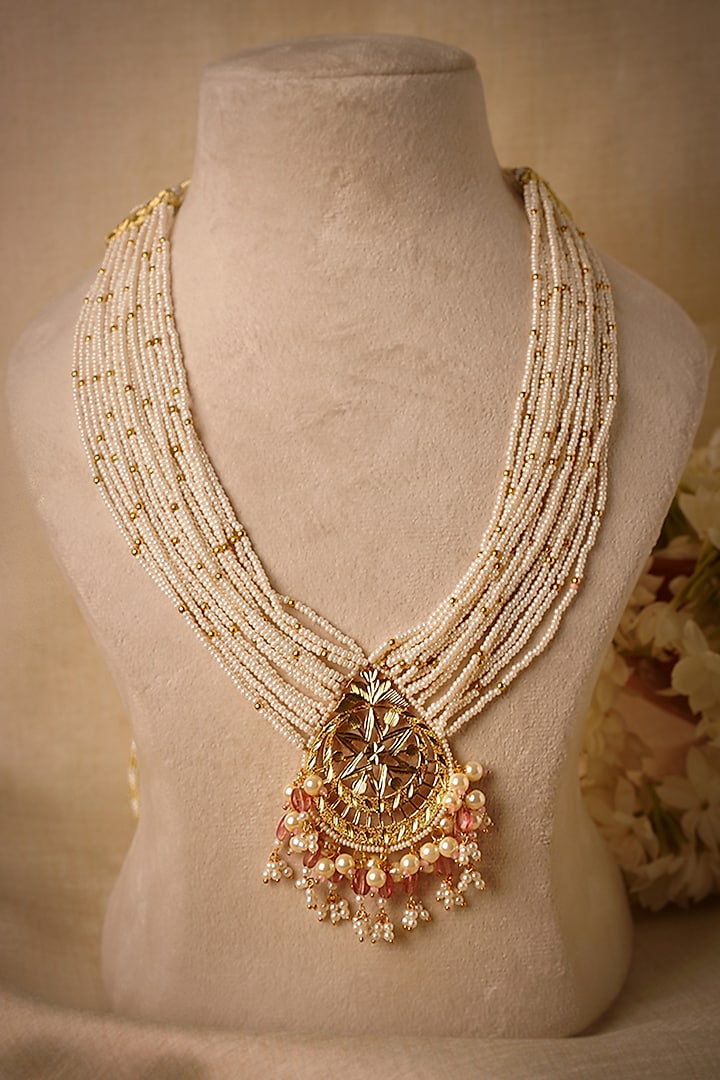 Gold Finish Pearl Long Necklace In Sterling Silver by Gulaal Jewels
