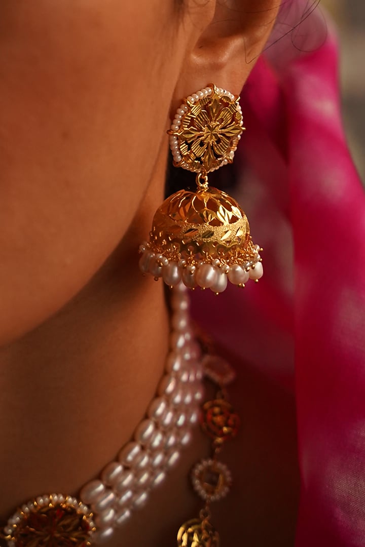 Gold Finish Jhumka Earrings In Sterling Silver by Gulaal Jewels at Pernia's Pop Up Shop