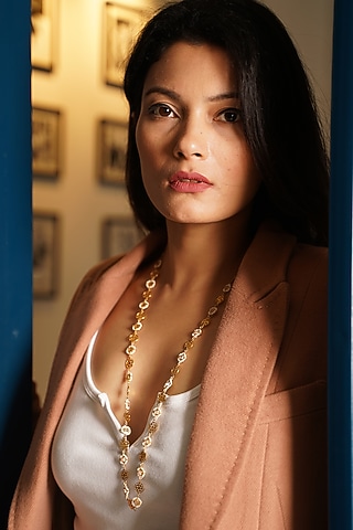Gold Finish Long Necklace In Sterling Silver by Gulaal Jewels