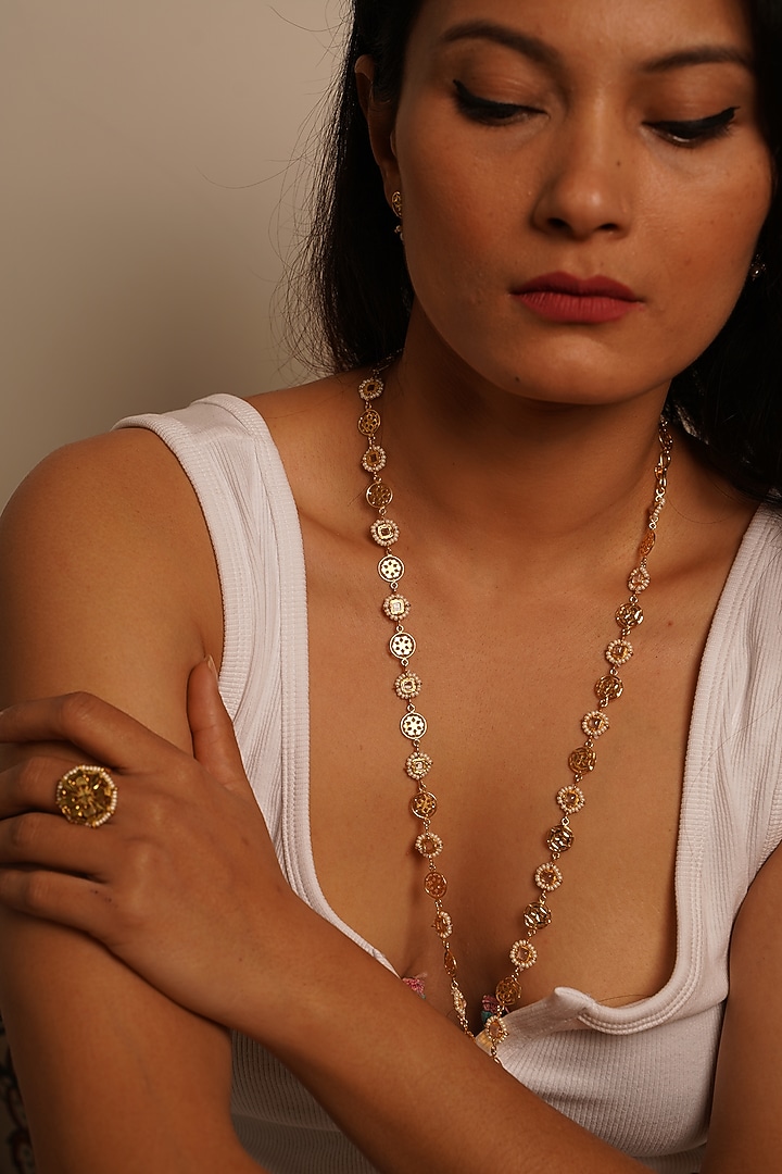 Gold Finish Long Necklace In Sterling Silver by Gulaal Jewels at Pernia's Pop Up Shop