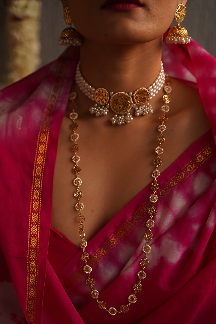Gold Finish Pearl Choker Necklace In Sterling Silver by Gulaal Jewels at Pernia's Pop Up Shop