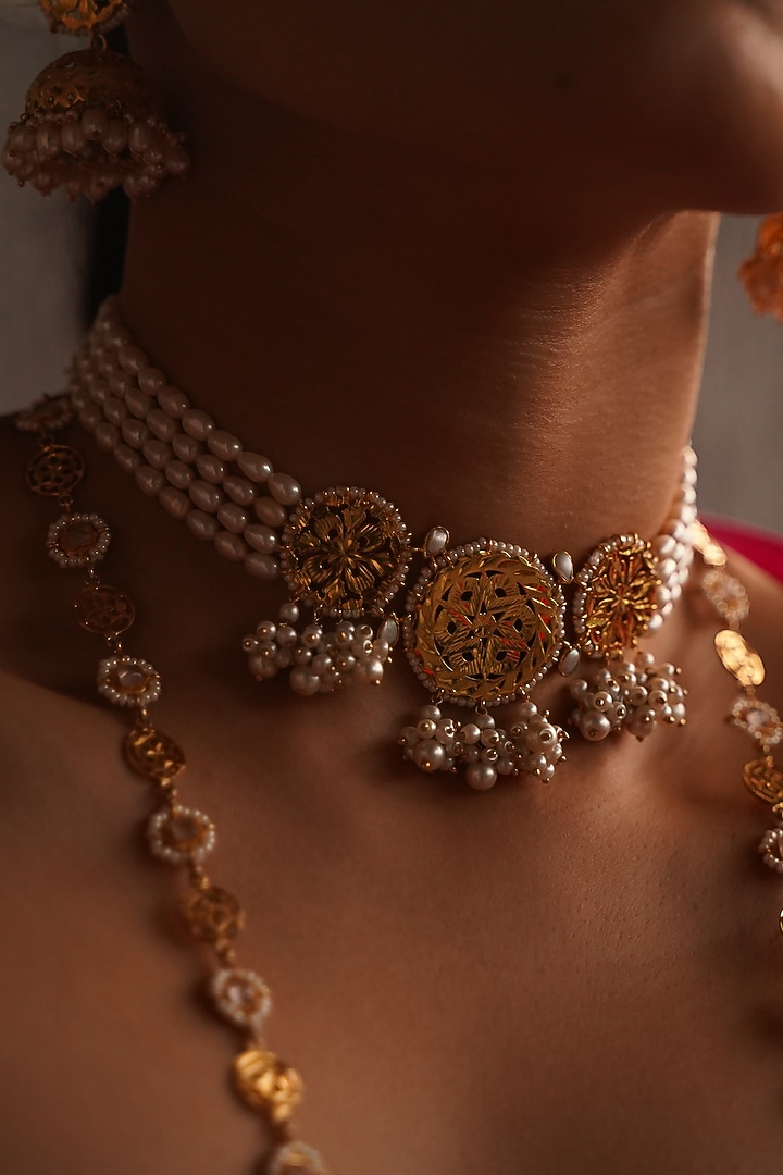 Gold Finish Pearl Choker Necklace In Sterling Silver by Gulaal Jewels at Pernia's Pop Up Shop