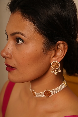 Gold Finish Woven Circular Earrings In Sterling Silver by Gulaal Jewels