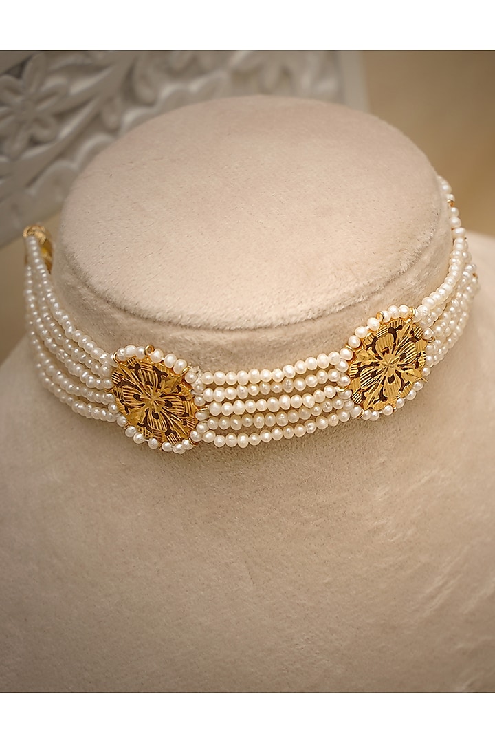 Gold Finish Pearl Choker Necklace In Sterling Silver by Gulaal Jewels