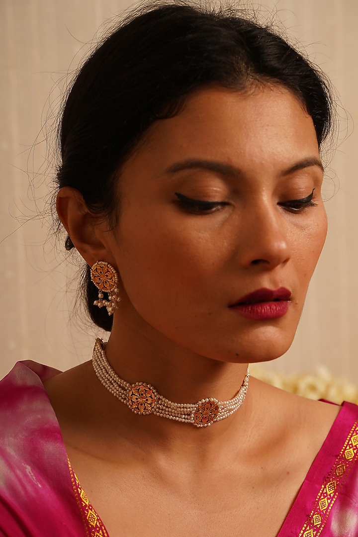 Gold Finish Pearl Choker Necklace In Sterling Silver by Gulaal Jewels at Pernia's Pop Up Shop