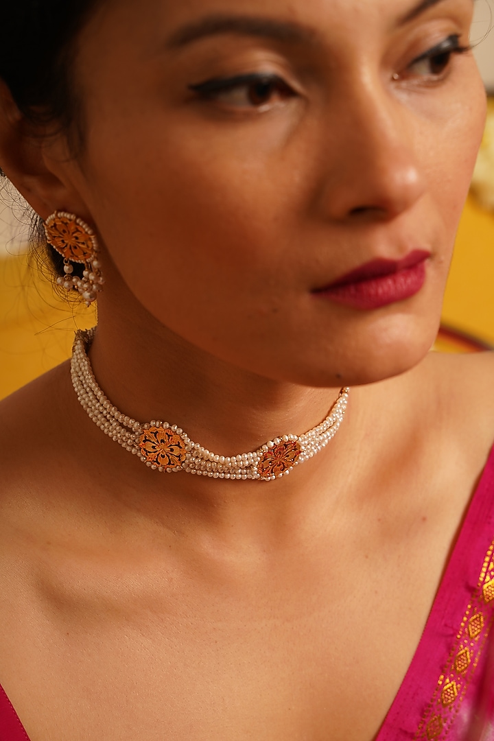 Gold Finish Pearl Choker Necklace In Sterling Silver by Gulaal Jewels at Pernia's Pop Up Shop