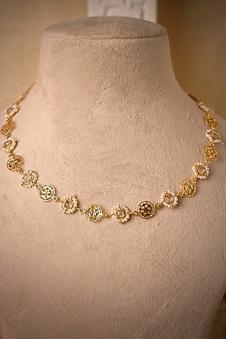 Gold Finish Rose Quartz Necklace In Sterling Silver by Gulaal Jewels