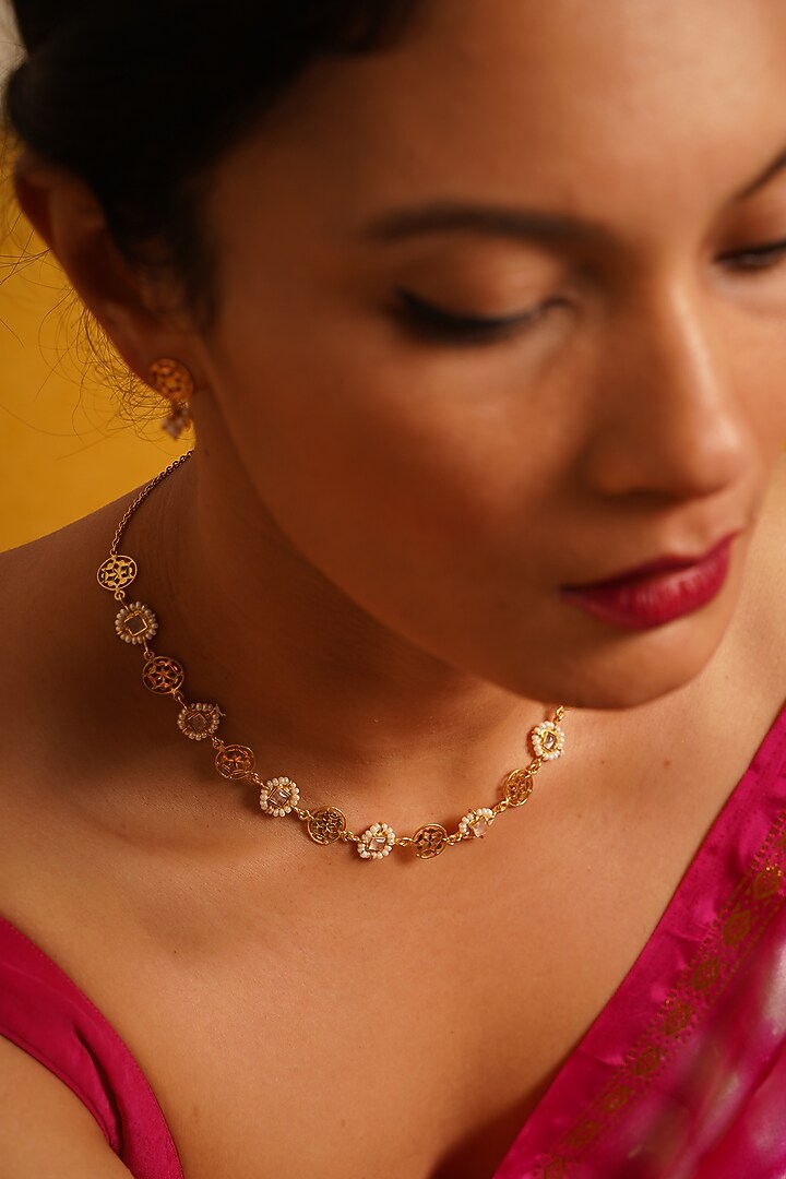 Gold Finish Rose Quartz Necklace In Sterling Silver by Gulaal Jewels at Pernia's Pop Up Shop