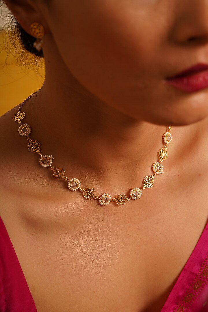 Gold Finish Rose Quartz Necklace In Sterling Silver by Gulaal Jewels at Pernia's Pop Up Shop