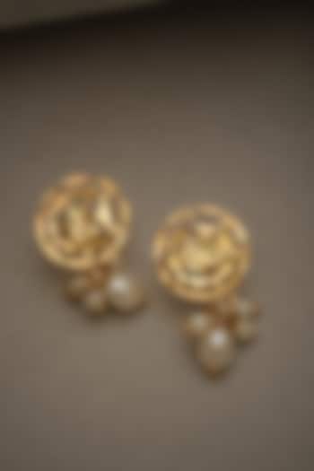 Gold Finish Pearl Earrings In Sterling Silver by Gulaal Jewels