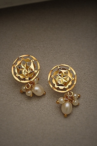 Gold Finish Pearl Earrings In Sterling Silver by Gulaal Jewels