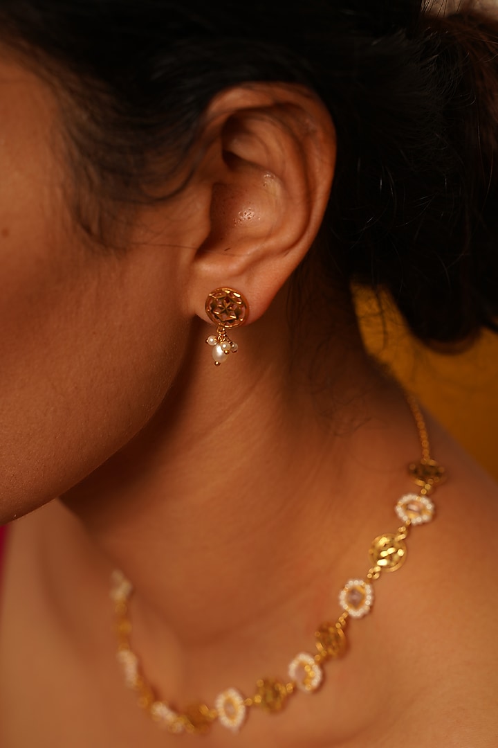 Gold Finish Pearl Earrings In Sterling Silver by Gulaal Jewels at Pernia's Pop Up Shop