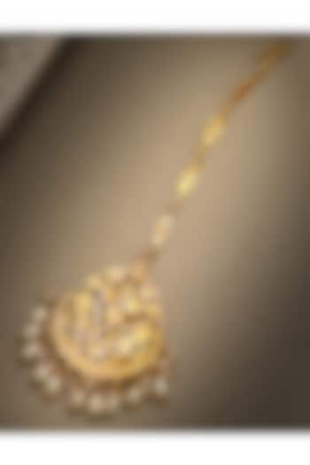 Gold Finish Pearl Maang Tikka In Sterling Silver by Gulaal Jewels