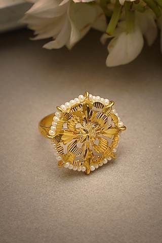 Gold Finish Adjustable Ring In Sterling Silver by Gulaal Jewels
