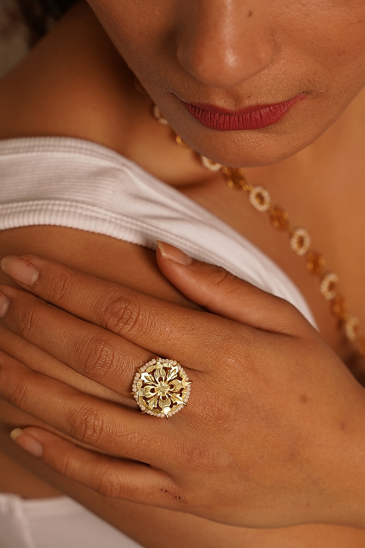 Gold Finish Adjustable Ring In Sterling Silver by Gulaal Jewels at Pernia's Pop Up Shop