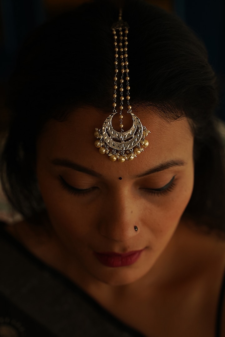 White Finish Chandbali Maang Tikka In Sterling Silver by Gulaal Jewels
