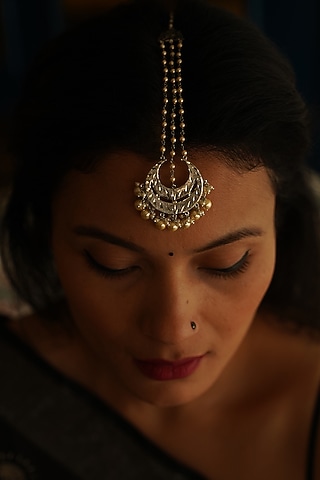 White Finish Chandbali Maang Tikka In Sterling Silver by Gulaal Jewels
