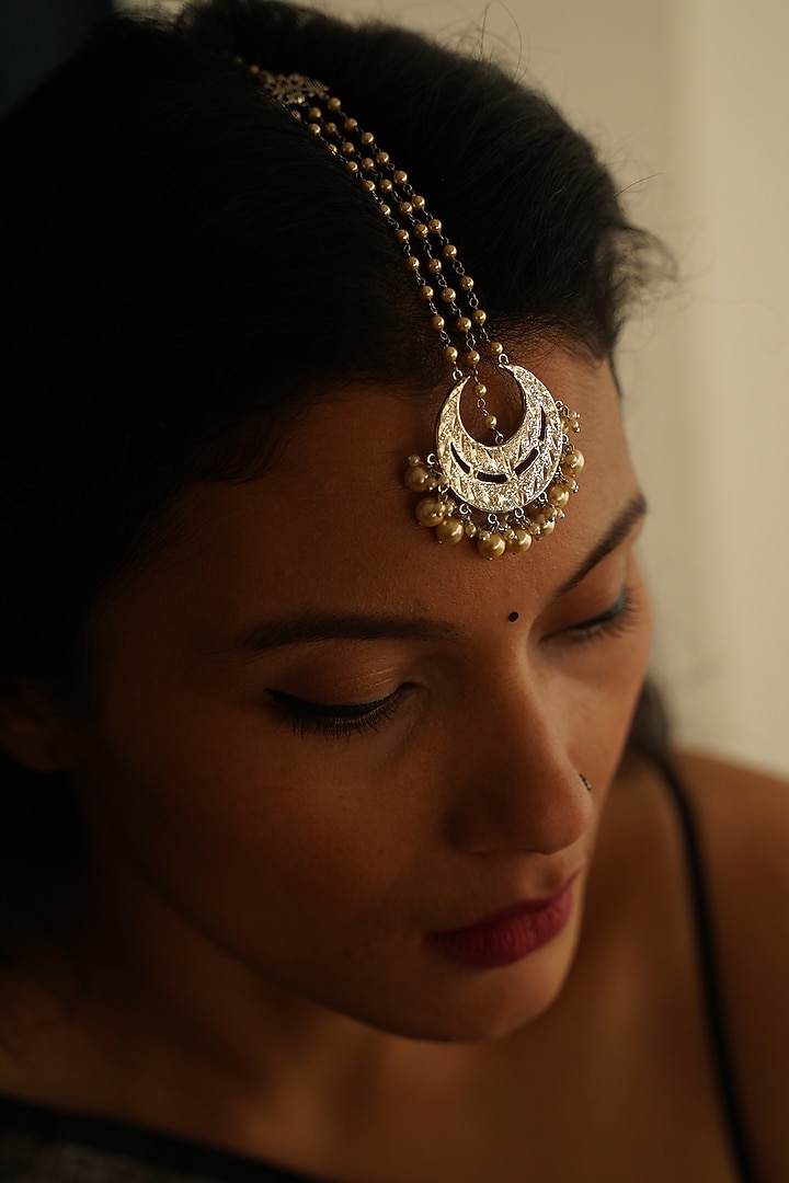 White Finish Chandbali Maang Tikka In Sterling Silver by Gulaal Jewels at Pernia's Pop Up Shop
