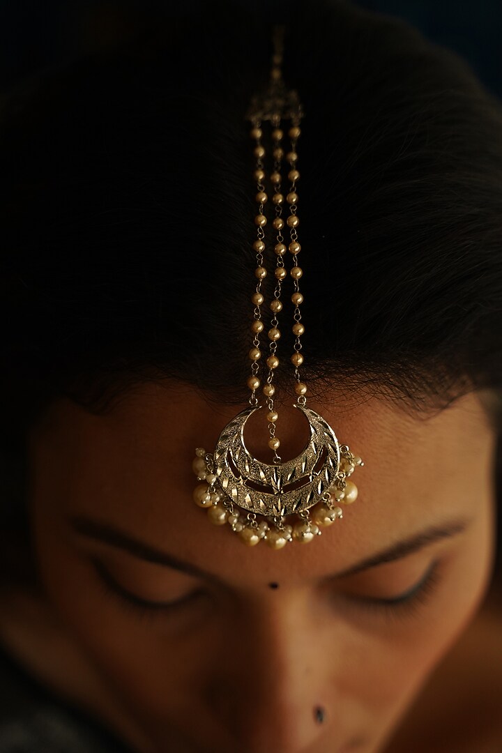 White Finish Chandbali Maang Tikka In Sterling Silver by Gulaal Jewels at Pernia's Pop Up Shop