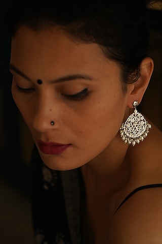 White Finish Pearl Earrings In Sterling Silver by Gulaal Jewels