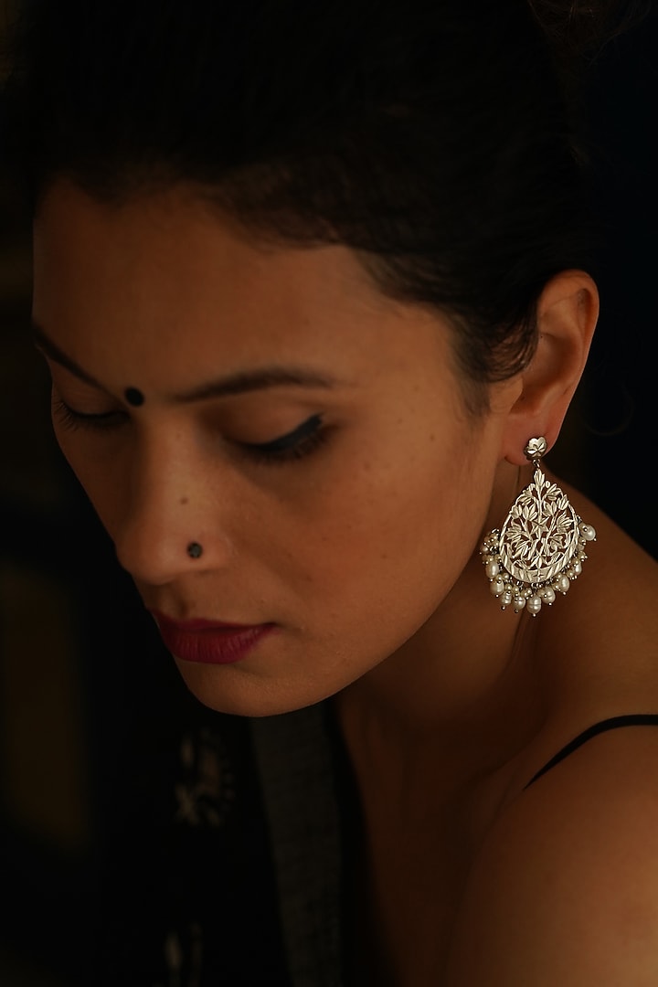 White Finish Pearl Earrings In Sterling Silver by Gulaal Jewels at Pernia's Pop Up Shop