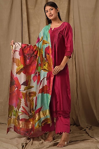 Deep Wine Fine Chanderi Silk Kurta Set by Gulabik Jaipur