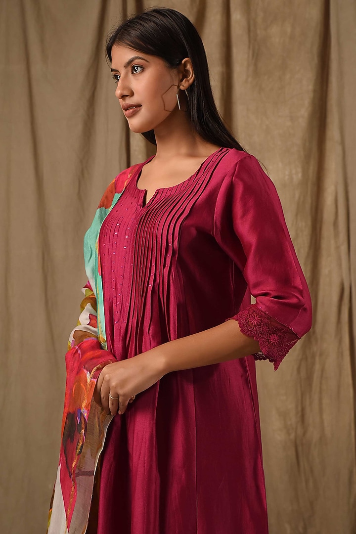 Deep Wine Fine Chanderi Silk Kurta Set by Gulabik Jaipur at Pernia's Pop Up Shop