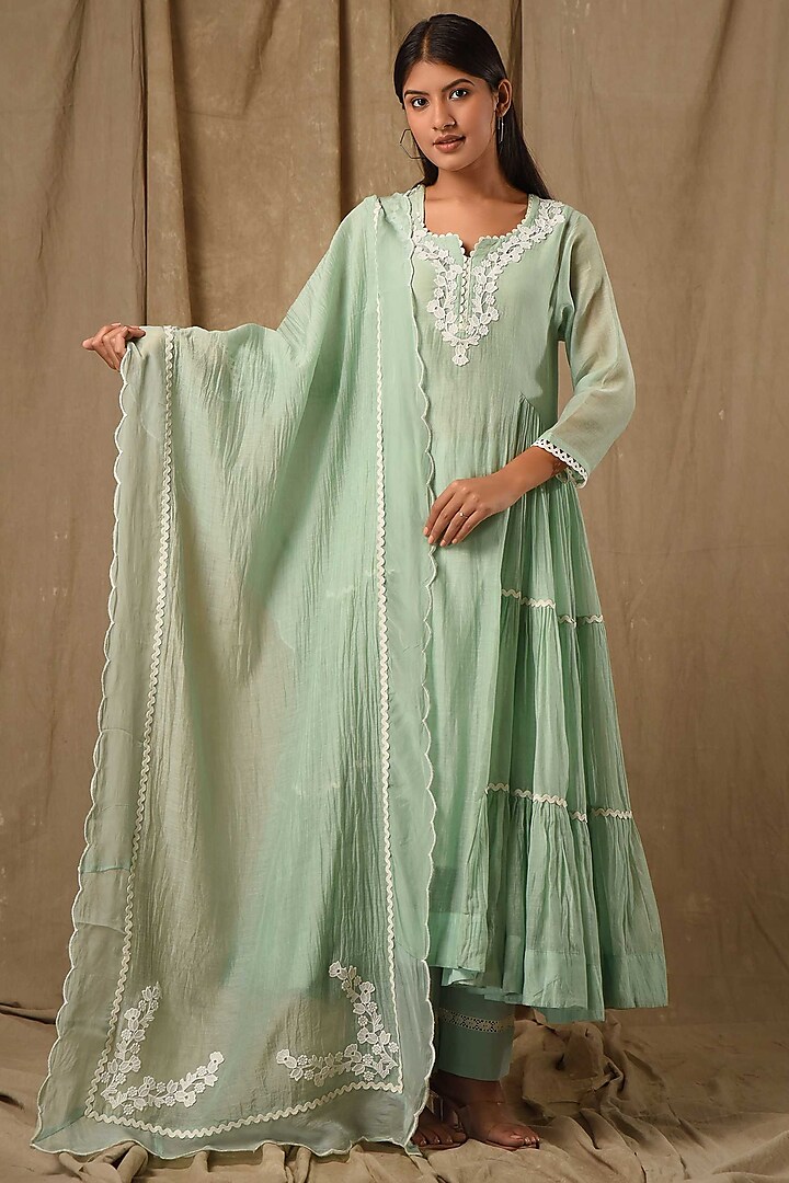 Dusty Green Fine Chanderi Silk Embroidered Anarkali Set by Gulabik Jaipur