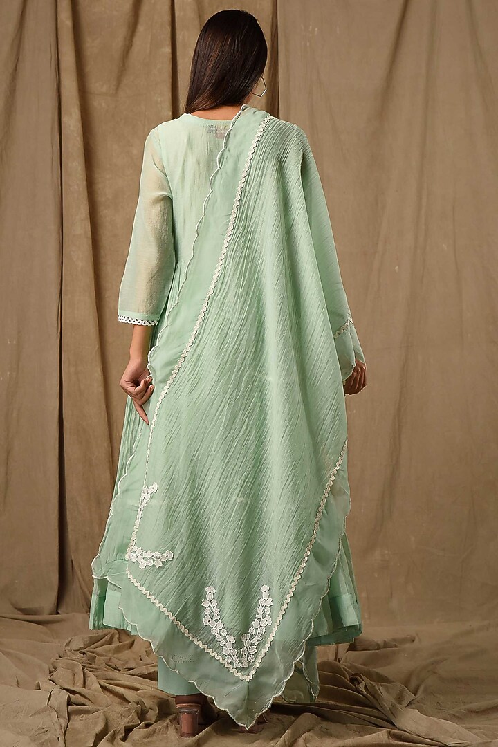Dusty Green Fine Chanderi Silk Embroidered Anarkali Set by Gulabik Jaipur at Pernia's Pop Up Shop