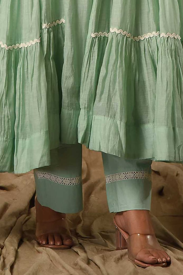 Dusty Green Fine Chanderi Silk Embroidered Anarkali Set by Gulabik Jaipur at Pernia's Pop Up Shop
