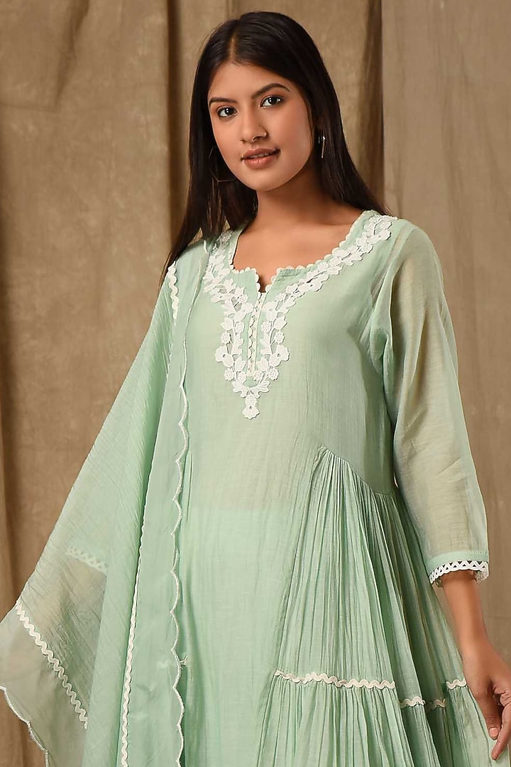 Dusty Green Fine Chanderi Silk Embroidered Anarkali Set by Gulabik Jaipur at Pernia's Pop Up Shop