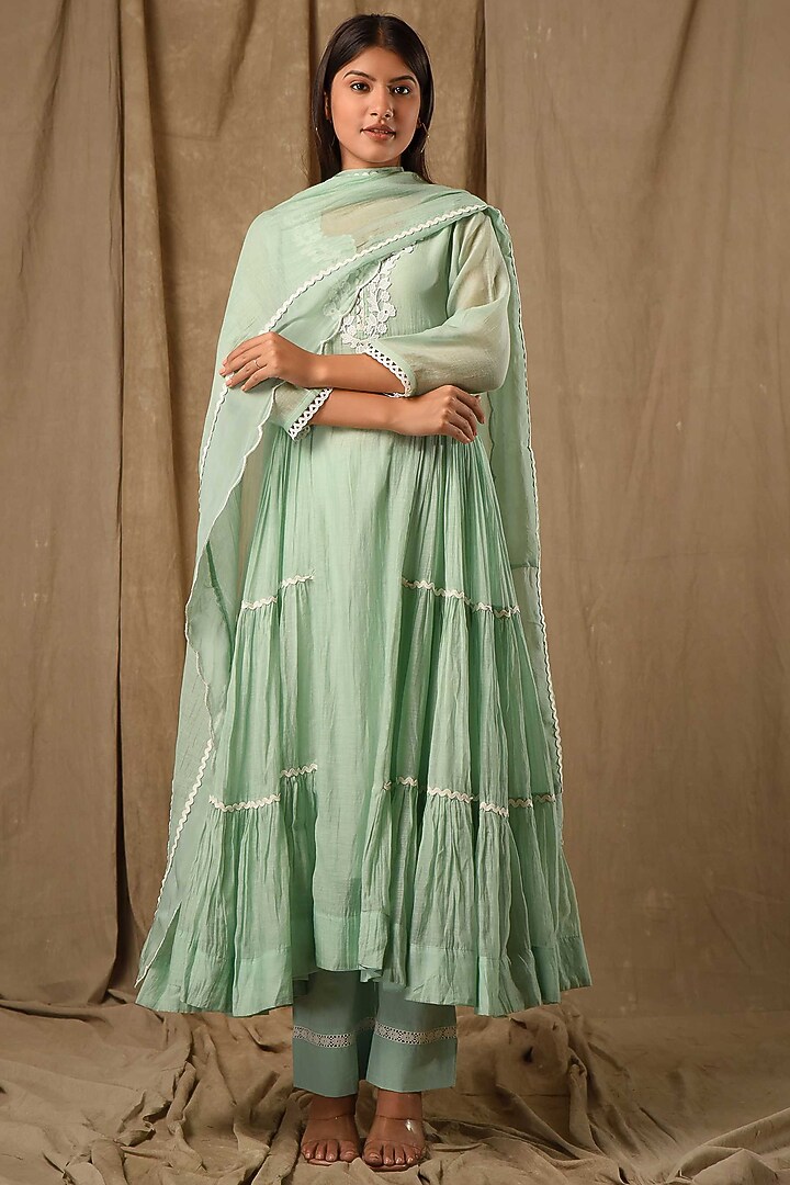 Dusty Green Fine Chanderi Silk Embroidered Anarkali Set by Gulabik Jaipur at Pernia's Pop Up Shop