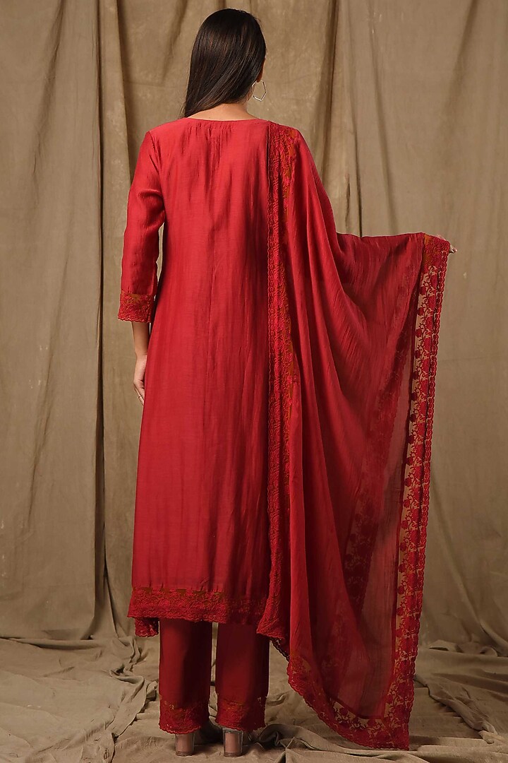 Red Fine Chanderi Silk Embroidered Kurta Set by Gulabik Jaipur at Pernia's Pop Up Shop