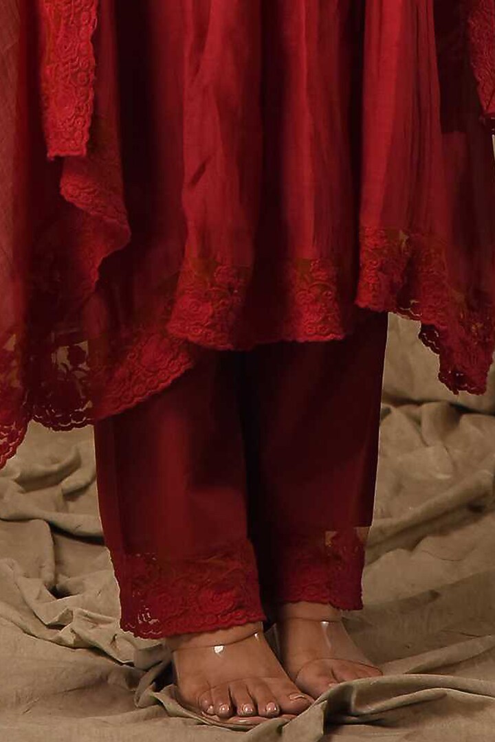 Red Fine Chanderi Silk Embroidered Kurta Set by Gulabik Jaipur at Pernia's Pop Up Shop
